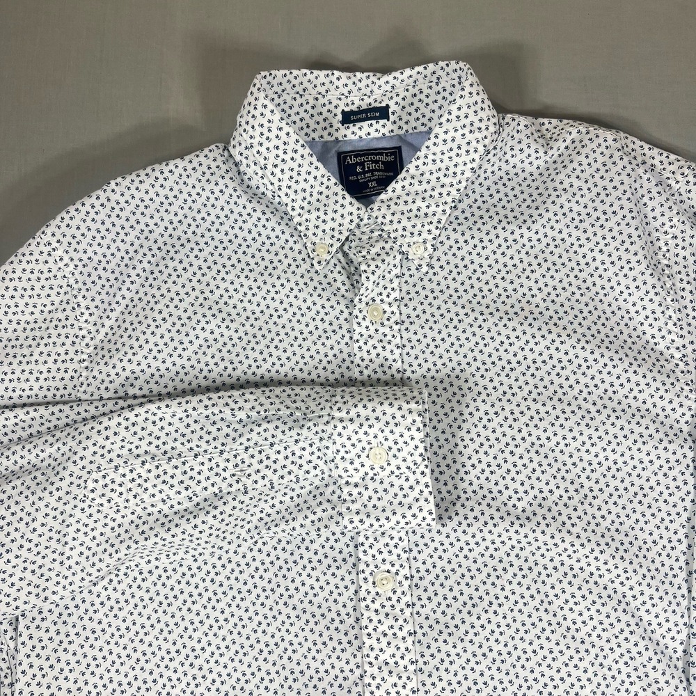 Abercrombie & Fitch Shirt Mens XXL White Blue Print Super Slim Button Up